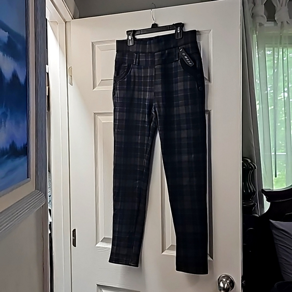 C-Mode Leggings, One Size fits Most, Gray and Blue Plaid, Fleece Lined